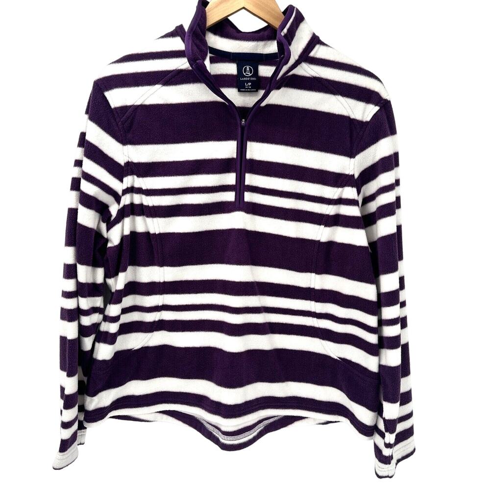 Lands End Sweater Womens Petite Large PL‎ Fleece Purple White Striped 1/2 Zip